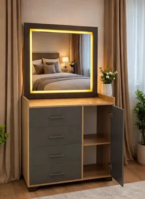 میز آرایش مدرن آینه‌ LED - ترکیب طوسی و چوب با نور مخفی گرم