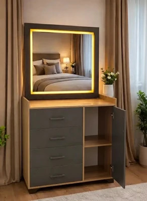 میز آرایش مدرن آینه LED - ترکیب طوسی و چوب با نور مخفی گرم